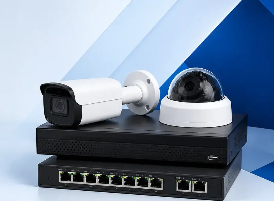 Caméras de surveillance, enregistreur NVR et switch réseau PoE