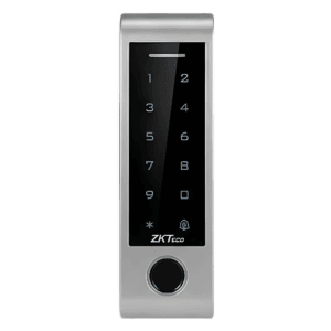 Vertical electronic door lock keypad on a metallic panel showing numeric keypad and circular reader at bottom, with the ZKTeco logo.