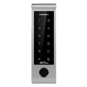 Vertical electronic door lock keypad on a metallic panel showing numeric keypad and circular reader at bottom, with the ZKTeco logo.