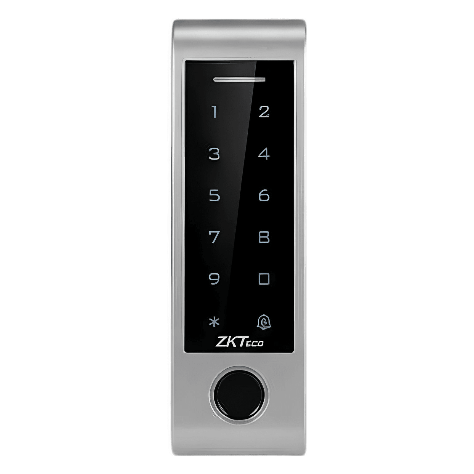 Vertical electronic door lock keypad on a metallic panel showing numeric keypad and circular reader at bottom, with the ZKTeco logo.