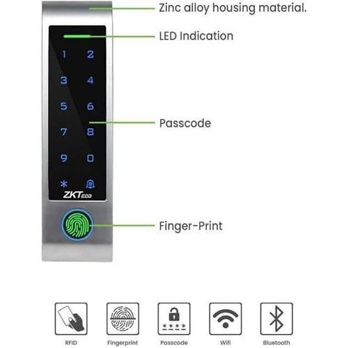 Electronic door lock with stainless housing, touch keypad, green LED, passcode label, and fingerprint scanner at bottom.