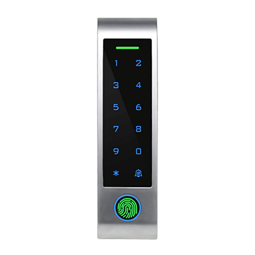 Electronic door access panel with numeric keypad and fingerprint scanner